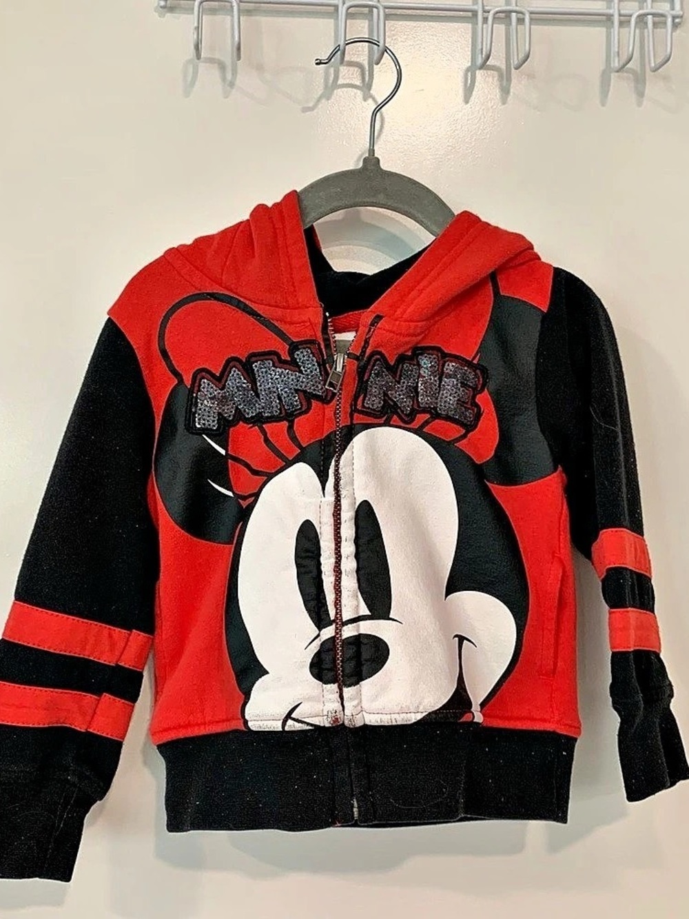 Disney Minnie Mouse Sequin Bow Zip-Up Hoodie Red & Black Girls US 2T
